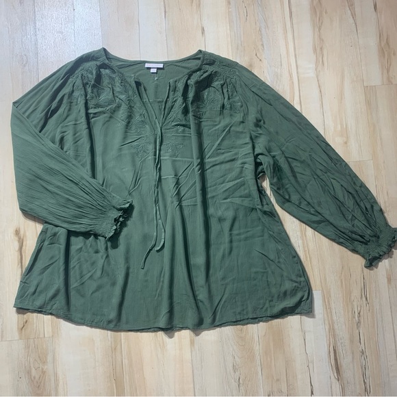 Knox Rose Women’s Long Sleeve Boho Embroidered Shirt Top Size 2XL Olive Green - Picture 3 of 10